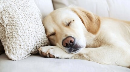 Poster - Adorable sleeping golden retriever puppy resting comfortably on cozy sofa : Generative AI