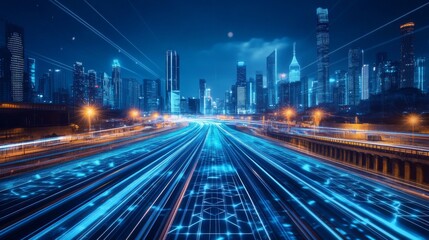 Poster - Futuristic highway with glowing digital lines in a modern cityscape at night. 