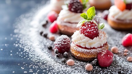 Aufkleber - Delicious Mini Raspberry Cream Desserts Decorated with Fresh Berries and Mint on a Dark Background : Generative AI