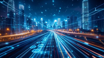 Poster - Futuristic highway with glowing digital lines in a modern cityscape at night. 