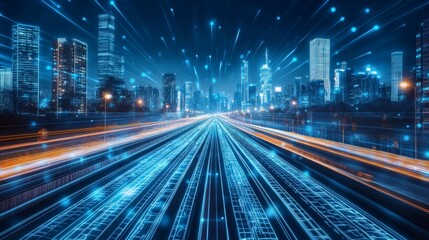Poster - Futuristic highway with glowing digital lines in a modern cityscape at night. 