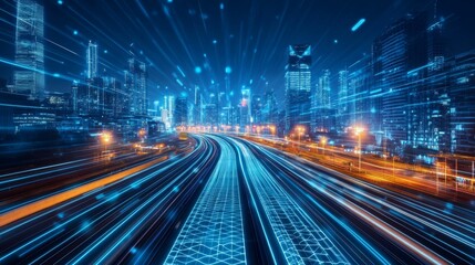 Poster - Futuristic highway with glowing digital lines in a modern cityscape at night. 