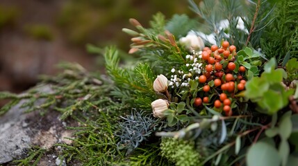 Aufkleber - Vibrant Floral Arrangement of Greenery and Berries for Rustic Decor and Events : Generative AI