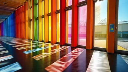 Poster - Vibrant Rainbow Hues in a Modern Architectural Corridor