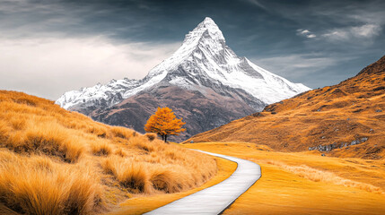 Wall Mural - Majestic mountain landscape with snow capped peak, golden grass, and autumn tree. serene pathway leads through vibrant scenery, evoking tranquility and awe