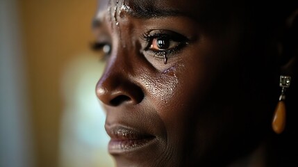 Aufkleber - Emotional close up of a woman’s face capturing deep feelings in a moment of reflection : Generative AI