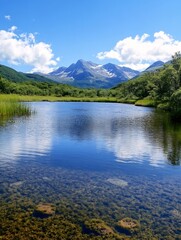 Poster - Stunning mountain landscape reflecting in a serene lake under a clear blue sky : Generative AI