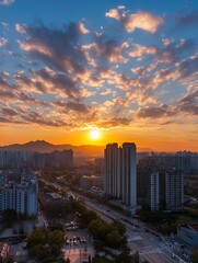Poster - Vibrant Cityscape with Towering Buildings Under Dramatic Sunset Sky and Warm Color Palette : Generative AI
