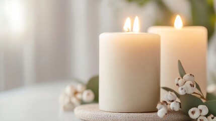 Poster - Elegant White Candles Glowing Softly with Decorative Greenery for Peaceful Ambiance : Generative AI
