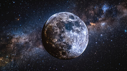 Wall Mural - Bright full moon in clear night sky surrounded by twinkling stars, creating serene and captivating cosmic view