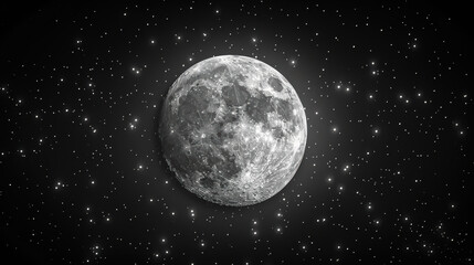 Wall Mural - Bright full moon in clear night sky surrounded by twinkling stars, creating serene atmosphere