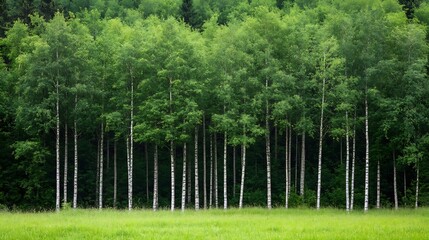 Poster - Vibrant Birch Trees in a Lush Green Forest Setting : Generative AI