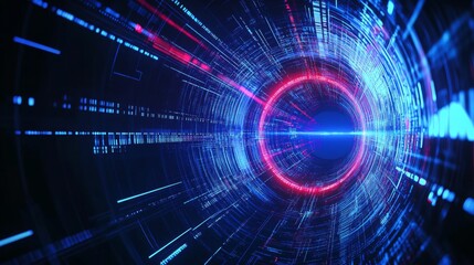 Poster - Futuristic digital tunnel with glowing blue and red lights. 
