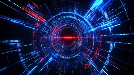 Poster - Futuristic digital tunnel with glowing blue and red lights. 