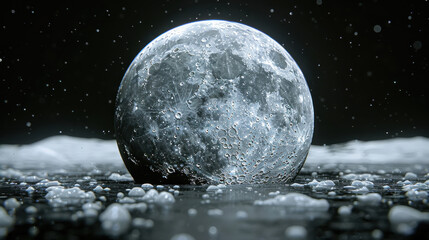 Wall Mural - Full moon reflecting on water with ice, creating serene night scene