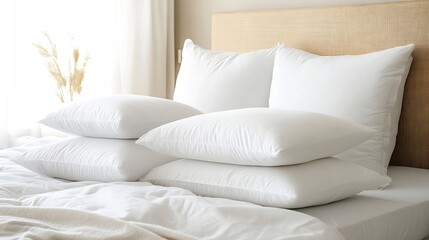 Poster - Cozy White Pillows Stacked on a Bed Creating a Comfortable and Relaxing Bedroom Atmosphere : Generative AI