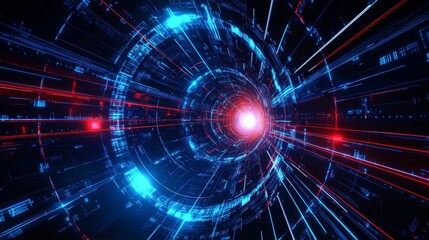 Poster - Futuristic digital tunnel with glowing blue and red lights. 