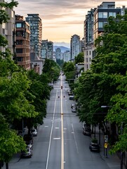 Aufkleber - Beautiful city street during sunset with modern buildings and lush green trees : Generative AI