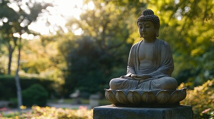 Poster - Peaceful Buddha statue sitting on a lotus flower surrounded by greenery creating a serene environment : Generative AI