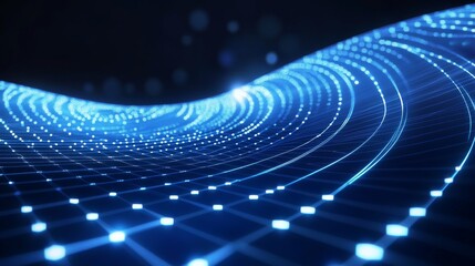 Poster - Glowing digital wave of blue particles on dark background. 