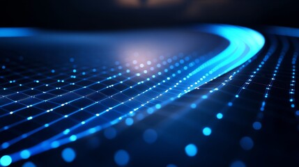 Poster - Glowing digital wave of blue particles on dark background. 