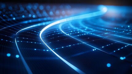 Poster - Glowing digital wave of blue particles on dark background. 