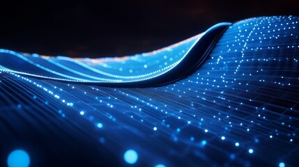 Poster - Glowing digital wave of blue particles on dark background. 
