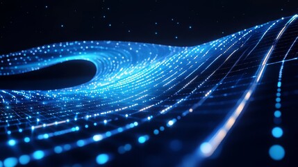 Poster - Glowing digital wave of blue particles on dark background. 