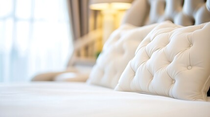 Poster - Elegant Close Up of Plush Cushions on Soft Bed in Bright Room : Generative AI