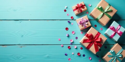 Wall Mural - Festive Gift Boxes with Colorful Ribbons and Confetti on a Teal Wooden Background