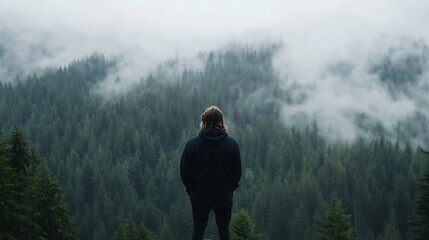 Poster - Man Standing in Front of Majestic Forest with Fog and Pine Trees in Lush Green Landscape : Generative AI