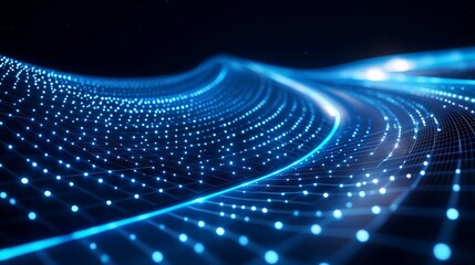Poster - Glowing digital wave of blue particles on dark background. 