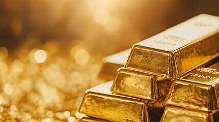 Fototapete - Shiny Gold Bars Stacked Together with Radiant Light and Sparkling Background : Generative AI