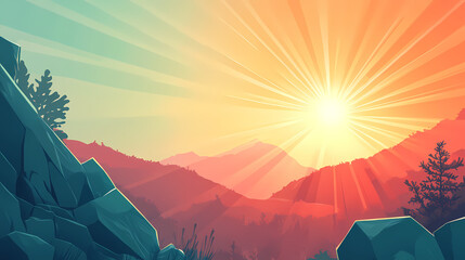 Wall Mural - Bright sun rays shining in flat design top view minimalist style detailed vector art for serene landscapes. Emotion-Driven Landscapes. Illustration