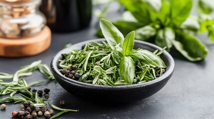 Aufkleber - Freshly picked and arranged green herbs in a black bowl against a dark wooden background : Generative AI