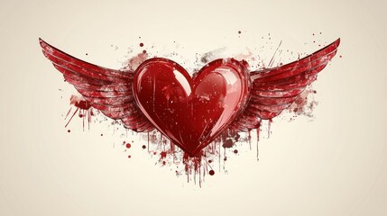 Wall Mural - Red heart with wings, paint splatters.