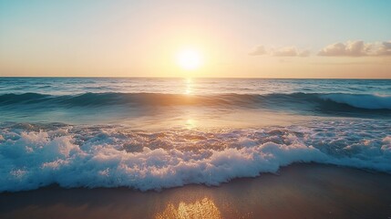 Poster - Stunning Sunset over Beach with Gentle Waves Inviting a Calming and Beautiful Atmosphere : Generative AI