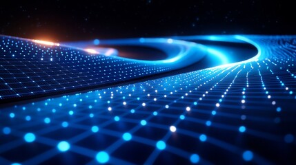 Poster - Glowing digital wave of blue particles on dark background. 