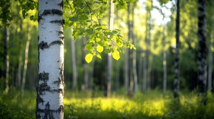 Aufkleber - Sunlit Birch Forest with Lush Green Leaves in Background Creating a Serene Natural Scene : Generative AI