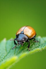 Poster - Close Up of a Vibrant Golden Beetle on Green Leaf Showcasing Nature and Insect Macro Photography : Generative AI