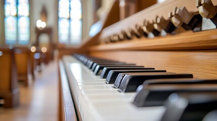 Aufkleber - Close Up of a Church Organ Showing Keys with Blurred Background for Music and Worship Themes : Generative AI