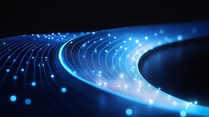 Poster - Glowing digital wave of blue particles on dark background. 