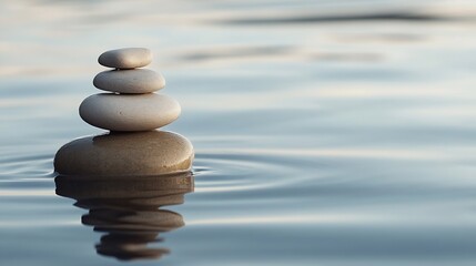 Poster - Peaceful Stacked Stones on Calm Water Surface Creating a Soothing Reflection : Generative AI