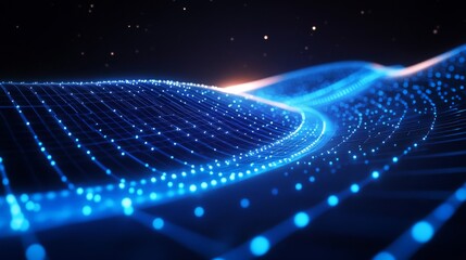 Poster - Glowing digital wave of blue particles on dark background. 