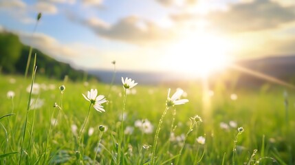 Aufkleber - Stunning Sunlight Illuminating a Field of Fresh White Daisies in a Beautiful Meadow : Generative AI