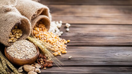 Aufkleber - Natural Organic Grains and Seeds Spilled from Jute Bags on a Rustic Wooden Table Background : Generative AI