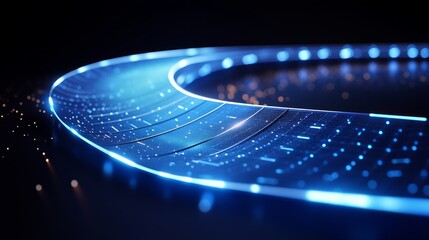 Poster - Glowing digital wave of blue particles on dark background. 