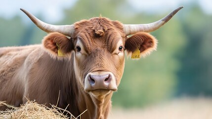 Poster - Majestic close up of brown cow with personality grazing in a field showcasing rural life and agriculture : Generative AI