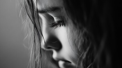 Aufkleber - Expressive Portrait of a Young Girl in Black and White Highlighting Emotion and Depth : Generative AI