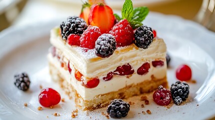 Poster - Delicious Gourmet Berry Cake Topped with Fresh Seasonal Fruits and Mint : Generative AI